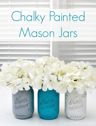 Chalky painted mason jars! All you need are a few glass mason jars and matte finish paint! Second coat of paint will make the color more bold. Fill your jars with whatever you want! Flowers, kitchen tools, makeup brushes, etc!